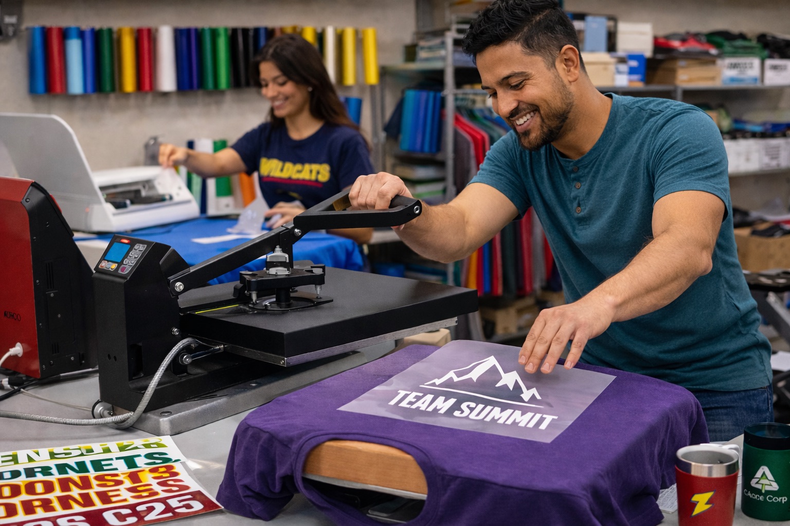 Heat press machine transferring a Team Summit design onto a purple t-shirt