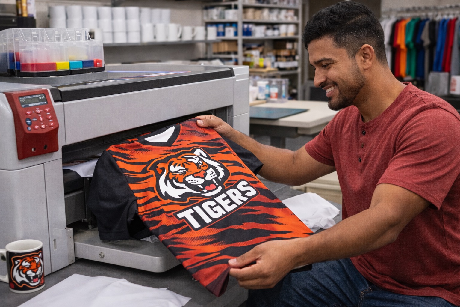 Sublimation printer producing a full-color Tigers jersey with edge-to-edge design
