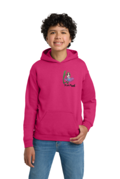 18500b heliconia youth hooded sweatshirt with left chest logo