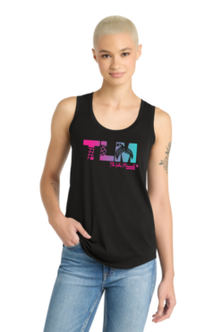 dm138l black ladies triblend tank top with tlm full chest logo