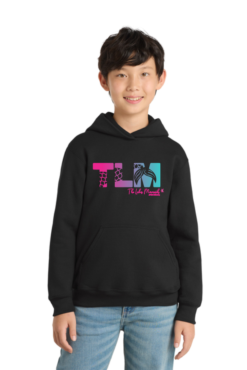 pc90yh black youth hooded sweatshirt with tlm full chest logo