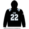 sublimated black hooded sweatshirt with logo and number on front and name and number on back back view 1