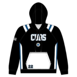 sublimated black hooded sweatshirt with logo and number on front and name and number on back front view 1