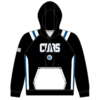 sublimated black hooded sweatshirt with logo on front front view 1