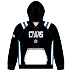 sublimated black hooded sweatshirt with logo on front front view 1
