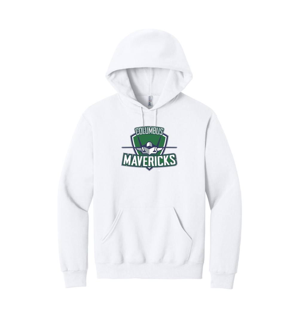 996M White NuBlend Pullover Hooded Sweatshirt with Columbus Mavericks logo full chest