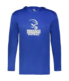 True Royal Badger B-Core long sleeve hooded performance tee with the Warriors Football helmet logo printed full front