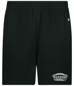 Black Badger B-Core pocketed short with white and silver Warriors Football logo on the left leg