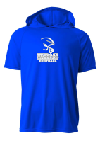 True Royal A4 short sleeve performance hooded tee with the Warriors Football helmet logo printed full front