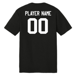 Back of black tee showing optional player name and number in white block lettering