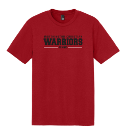Red District Perfect Tri tee with the Worthington Christian Warriors Tennis logo across the chest