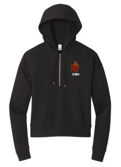 Black District women's Perfect Tri fleece half-zip hooded pullover with the embroidered WC Tennis logo on the left chest