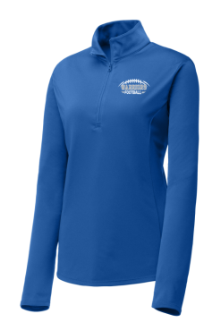 True Royal Sport-Tek ladies PosiCharge Competitor quarter-zip pullover with white and silver Warriors Football logo on the left chest