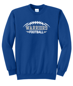 True Royal Port & Company crewneck sweatshirt with white and silver Warriors Football logo across the chest