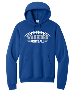True Royal Port & Company hooded sweatshirt with white and silver Warriors Football logo across the chest