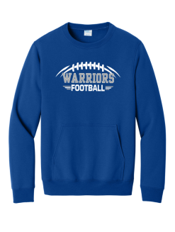 True Royal Port & Company pocket crewneck sweatshirt with white and silver Warriors Football logo across the chest