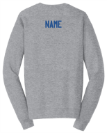 Back of the Athletic Heather Fan Favorite crewneck showing the optional last name in blue