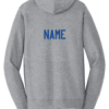 Back of the Athletic Heather Fan Favorite hoodie showing the optional last name in blue