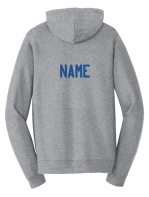 Back of the Athletic Heather Fan Favorite hoodie showing the optional last name in blue