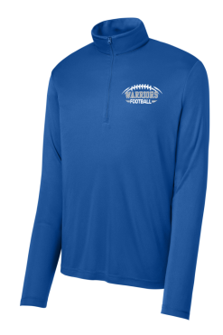 True Royal Sport-Tek PosiCharge Competitor quarter-zip pullover with white and silver Warriors Football logo on the left chest