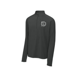 Charcoal Grey Sport-Tek Sport-Wick stretch quarter-zip pullover with the white Our Lady of Peace crest on the left chest