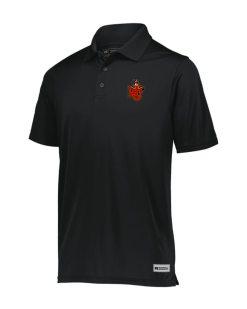Black Russell Essential Polo with the Worthington Christian logo embroidered on the left chest