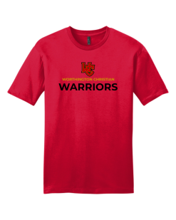 Classic Red District Perfect Tri tee with the standard Worthington Christian logo across the chest