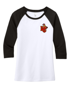 White/Black District women's Perfect Tri 3/4-sleeve raglan with the Worthington Christian logo on the left chest