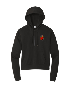 Black District women's Perfect Tri fleece half-zip pullover with the Worthington Christian logo embroidered on the left chest