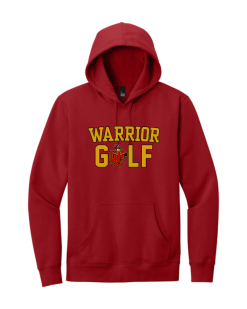 Classic Red District V.I.T. fleece hoodie with the Worthington Christian Warrior Golf logo across the chest