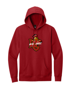 Classic Red District V.I.T. fleece hoodie with the We Are Worthington Christian logo printed across the chest