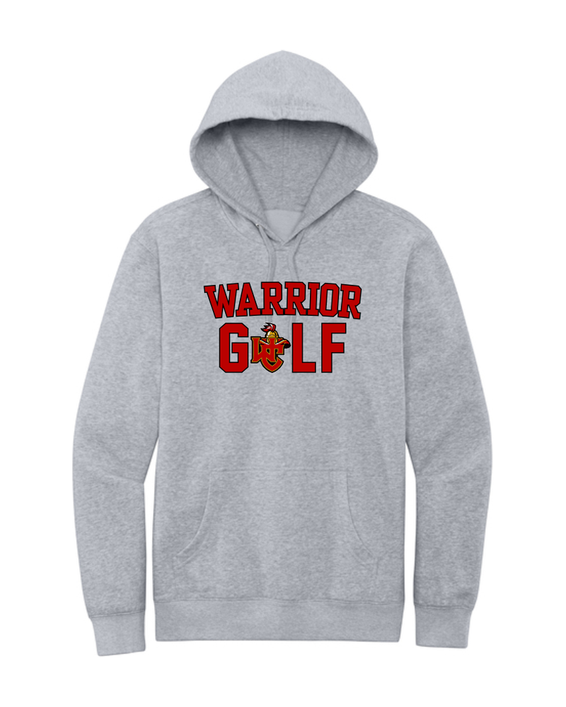 Light Heather Gray District V.I.T. fleece hoodie with the Worthington Christian Warrior Golf logo across the chest