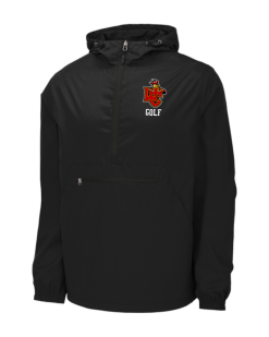 Black Sport-Tek packable anorak jacket with the WC Golf shield logo on the left chest