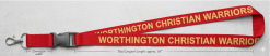 Red Worthington Christian Warriors lanyard with gold lettering and metal clip
