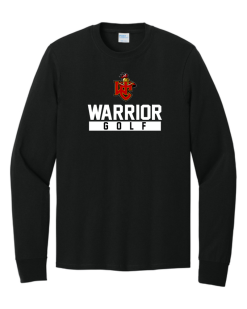 Black Port & Company long sleeve core cotton tee with the Worthington Christian Warrior Golf logo across the chest