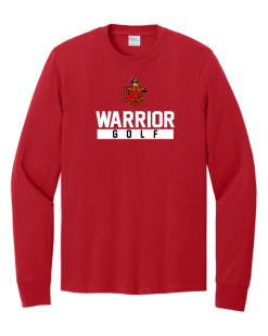Red Port & Company long sleeve core cotton tee with the Worthington Christian Warrior Golf logo across the chest