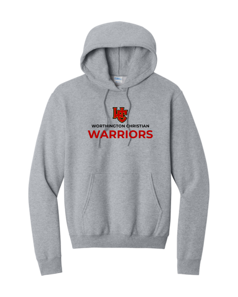 Athletic Heather Port & Company Core Fleece pullover hoodie with the standard Worthington Christian logo across the chest