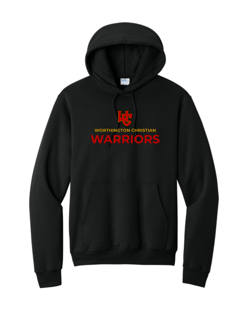 Black Port & Company Core Fleece pullover hoodie with the standard Worthington Christian logo across the chest