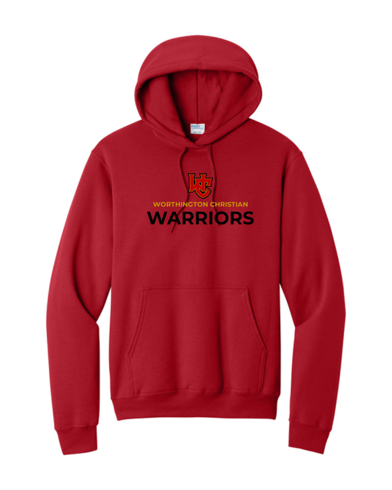 Red Port & Company Core Fleece pullover hoodie with the standard Worthington Christian logo across the chest