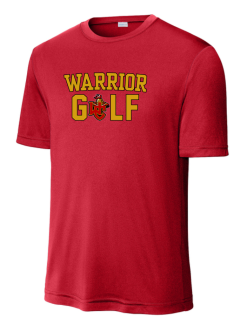 True Red Sport-Tek PosiCharge Competitor performance tee with the two-color Worthington Christian Warrior Golf logo across the chest