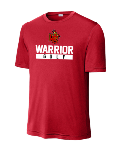 True Red Sport-Tek PosiCharge Competitor performance tee with the Worthington Christian Warrior Golf logo across the chest