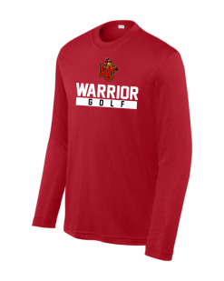 True Red Sport-Tek PosiCharge Competitor long sleeve performance tee with the Worthington Christian Warrior Golf logo across the chest