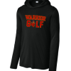 Black Sport-Tek performance long sleeve hooded tee with the two-color Worthington Christian Warrior Golf logo across the chest