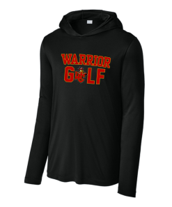 Black Sport-Tek performance long sleeve hooded tee with the two-color Worthington Christian Warrior Golf logo across the chest