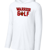 White Sport-Tek performance long sleeve hooded tee with the two-color Worthington Christian Warrior Golf logo across the chest