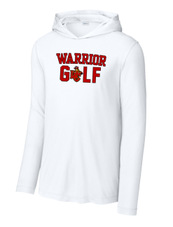 White Sport-Tek performance long sleeve hooded tee with the two-color Worthington Christian Warrior Golf logo across the chest