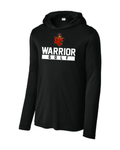 Black Sport-Tek performance long sleeve hooded tee with the Worthington Christian Warrior Golf logo across the chest