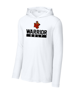 White Sport-Tek performance long sleeve hooded tee with the Worthington Christian Warrior Golf logo across the chest